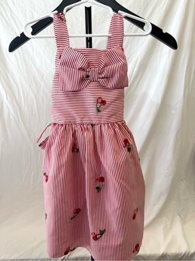 Rare Editions Pink & White Striped Bow Dress with Floral Embroidery